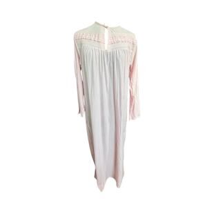 70s Katz Pink Peach Nylon Nightgown Lace Trim Long Sleeve Vintage M